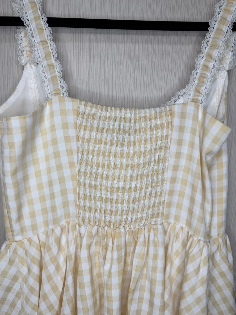Yellow Gingham Mini Dress M Smocked Back Cottagecore Coquette Babydoll Summer
